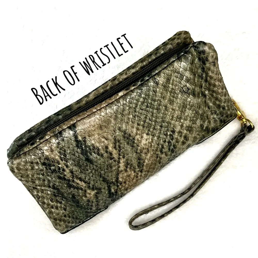 Nicole Miller Wristlet Faux Snakeskin Clutch Zippered Wallet Gold Black Brown